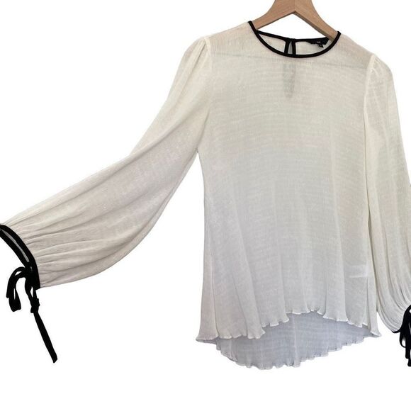 Cue 8 Medium White Chiffon Semi Sheer Blouse Black Trim Tied Sleeve Crew - Picture 5 of 10